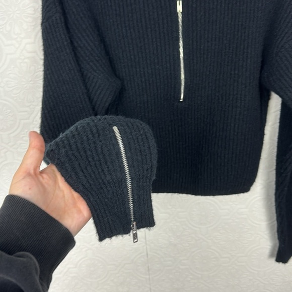 For Love & Lemons Quarter Zip Sweater Pullover Black Ribbed Slouchy Half Cropped - Picture 7 of 10